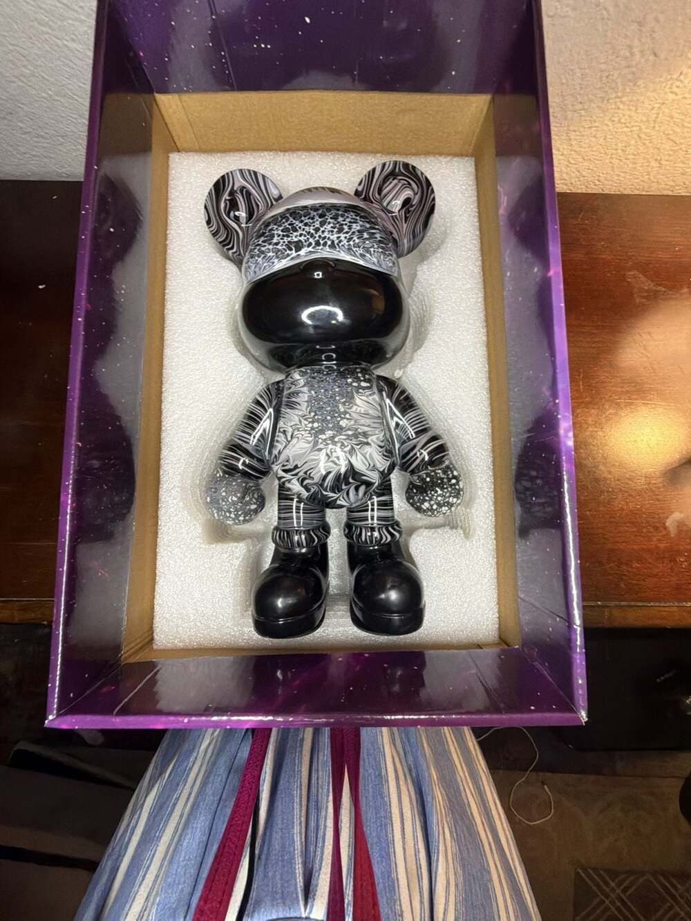 Fluid Art Bear Figurine Piggy Bank Black and White Marble Design